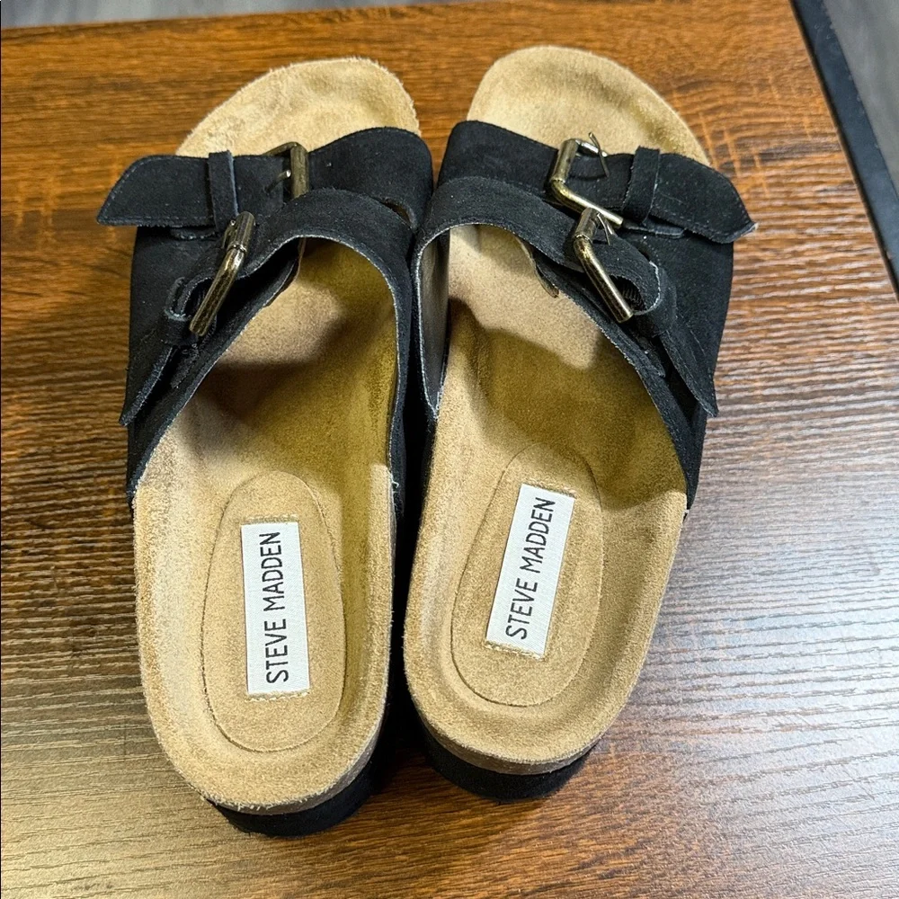 Steve Madden Black Suede Platform Sandals with Gold Studs
